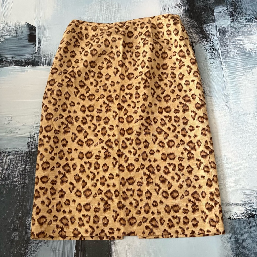 100% Silk Leopard Print Midi Skirt Size 6 Dana Buchman